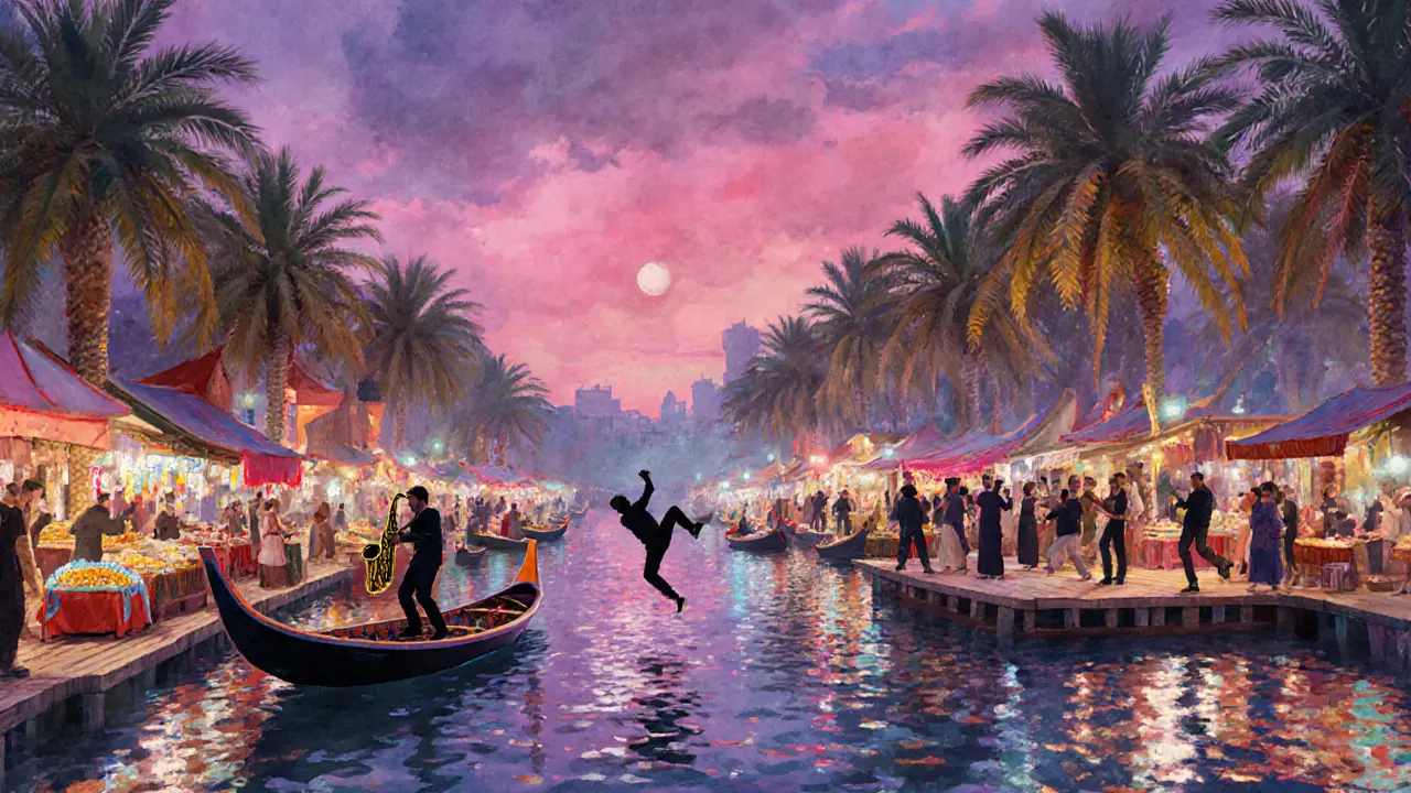 Floating market at Al Qana with neon-lit abra boats, breakdancers, and a saxophonist on a stage under glowing palms.