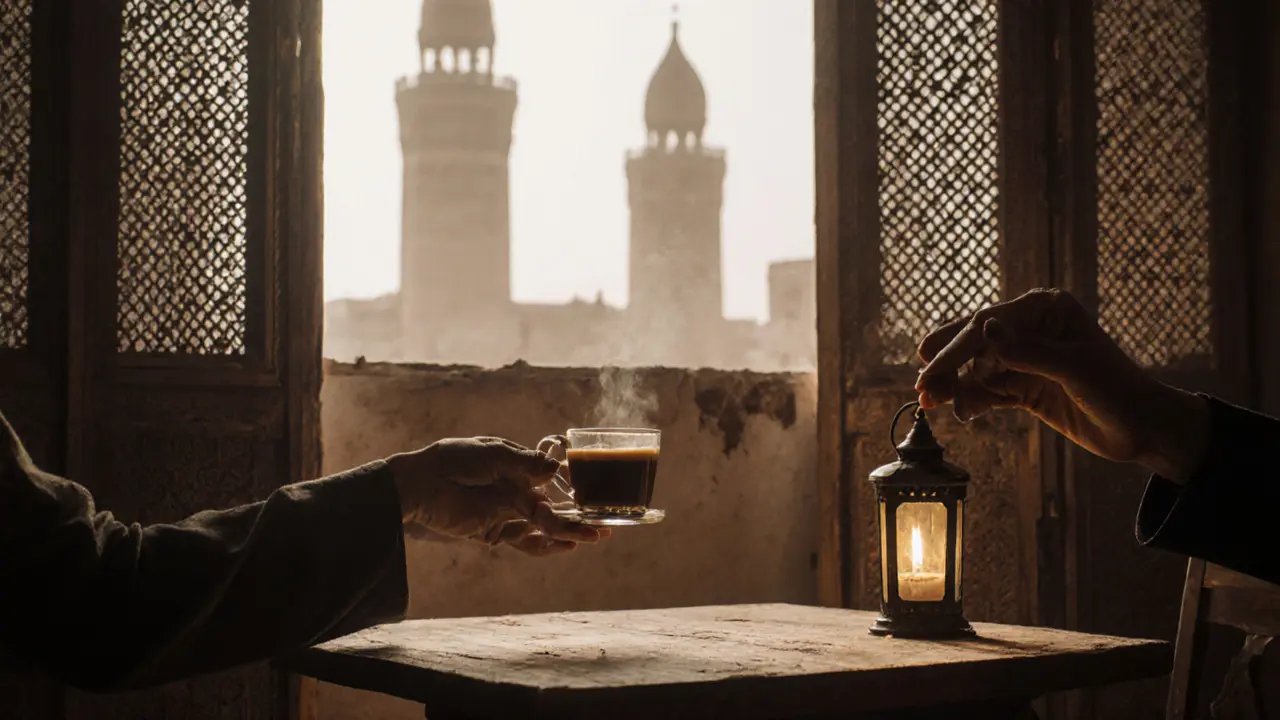 Hand offering coffee in Al Fahidi neighborhood, wind towers and wooden screens in soft natural light.