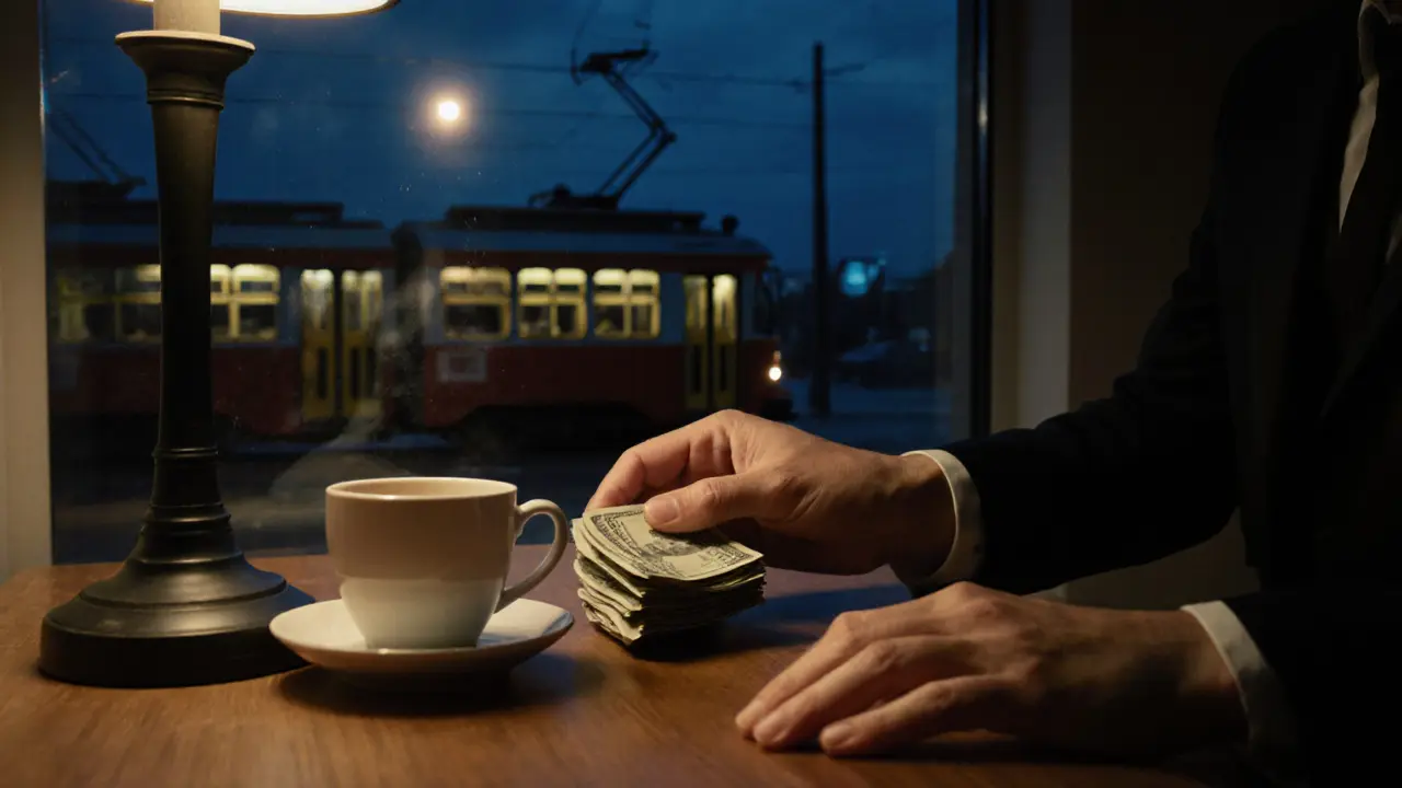 Hands on a wooden table with cash and coffee, tram passing outside the window at night.