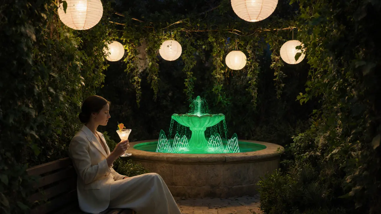 Hidden garden oasis with lanterns, glowing fountain, and guest on stone bench amid lush greenery at night.