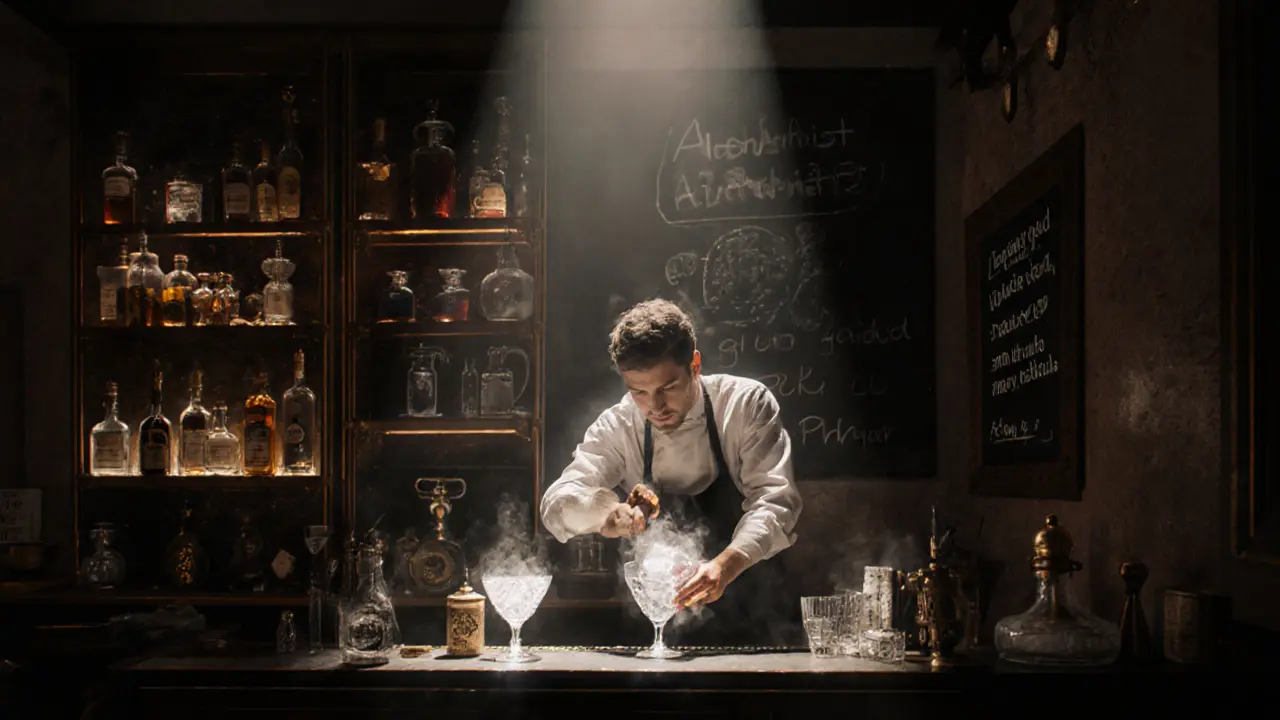 Hidden speakeasy bar with mixologist crafting a cocktail under moody, focused lighting.