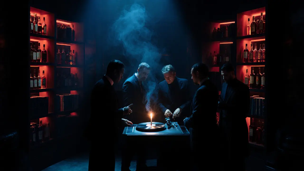 Hidden underground nightclub with moody lighting and vinyl records