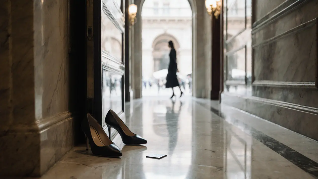 High-heeled shoes and a keycard rest beside a hotel room door, shadow of a woman fading down the hall.