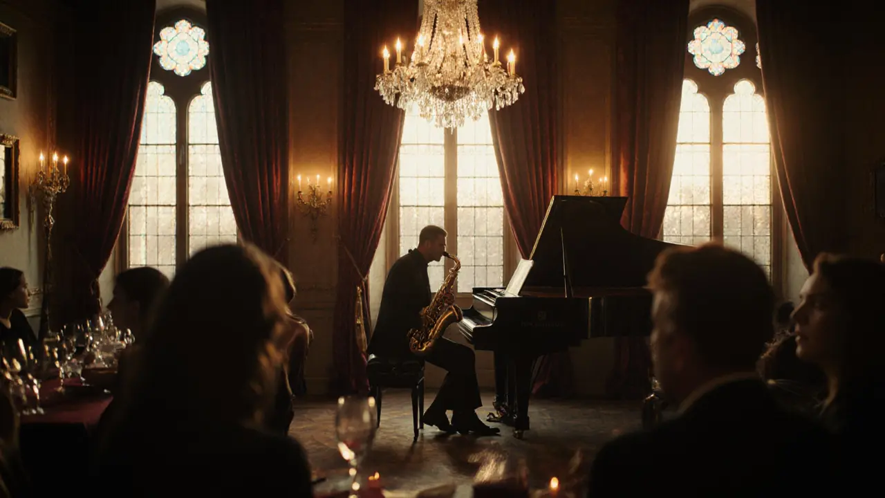 Intimate jazz lounge with a saxophonist playing under crystal chandeliers.