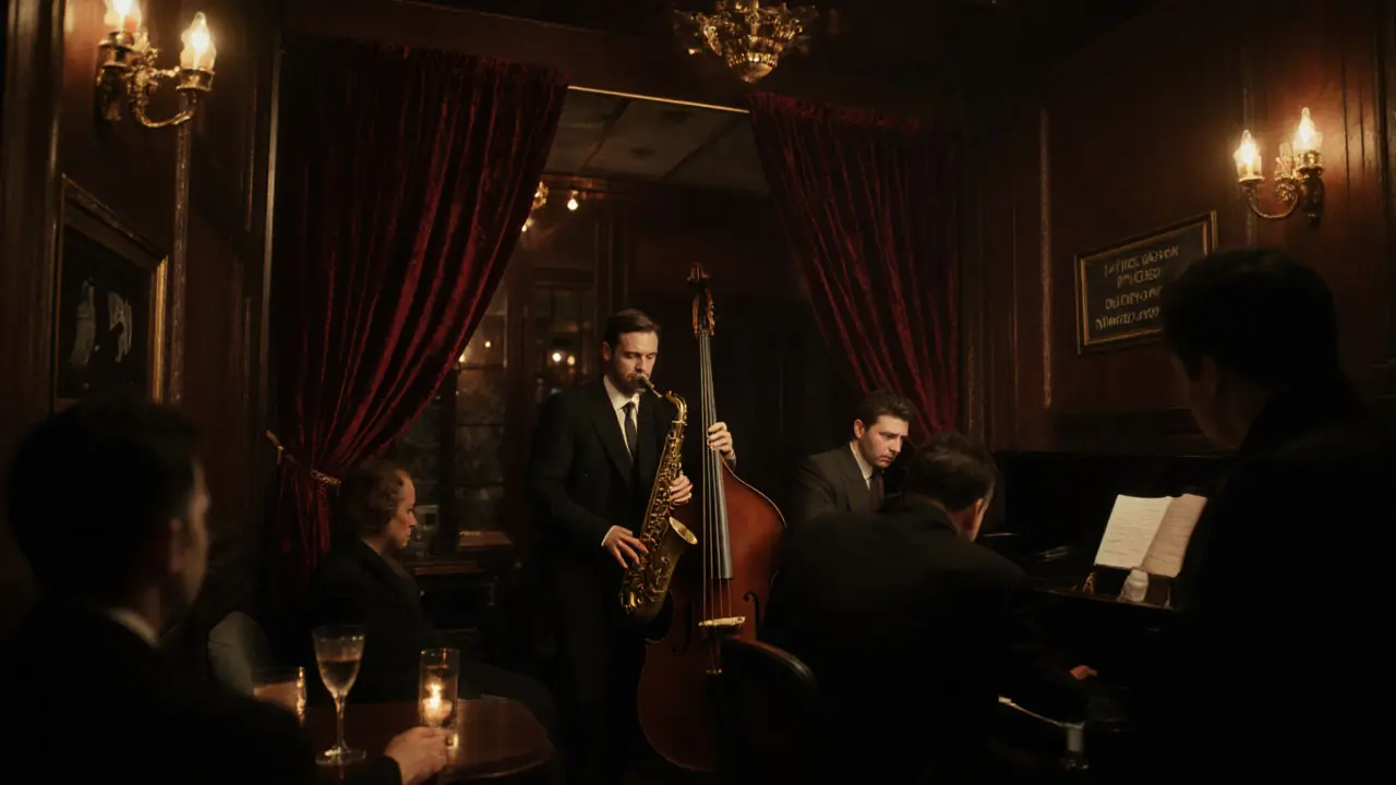 Intimate jazz performance in a dimly lit speakeasy with velvet curtains and attentive patrons.