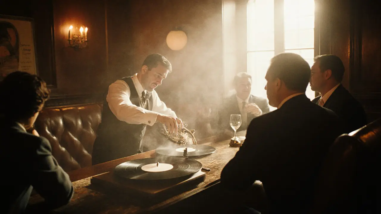 Intimate speakeasy bar with dim lighting, whiskey glasses, and quiet patrons in vintage style.