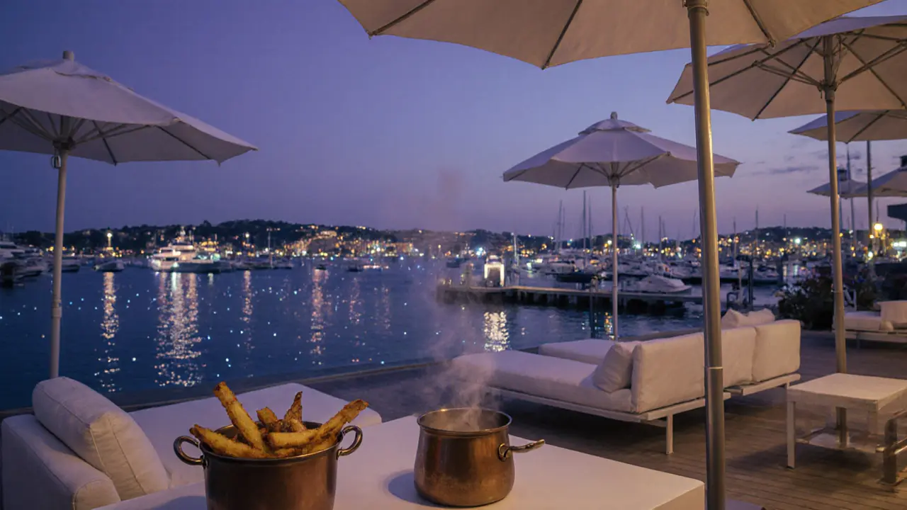 Luxury terrace overlooking a marina at dusk, yachts reflecting lights, steam rising from truffle fries in copper pot.