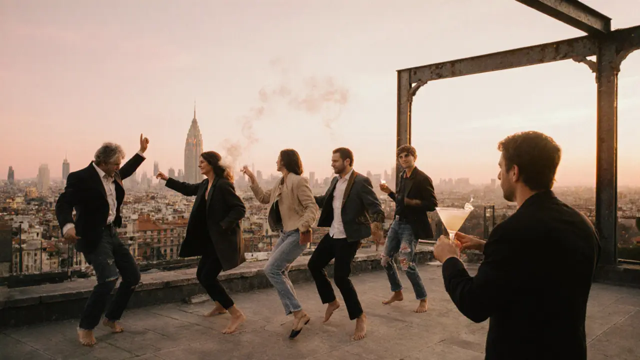People dancing on Magazzini Generali’s rooftop as sunrise lights up Milan’s skyline.