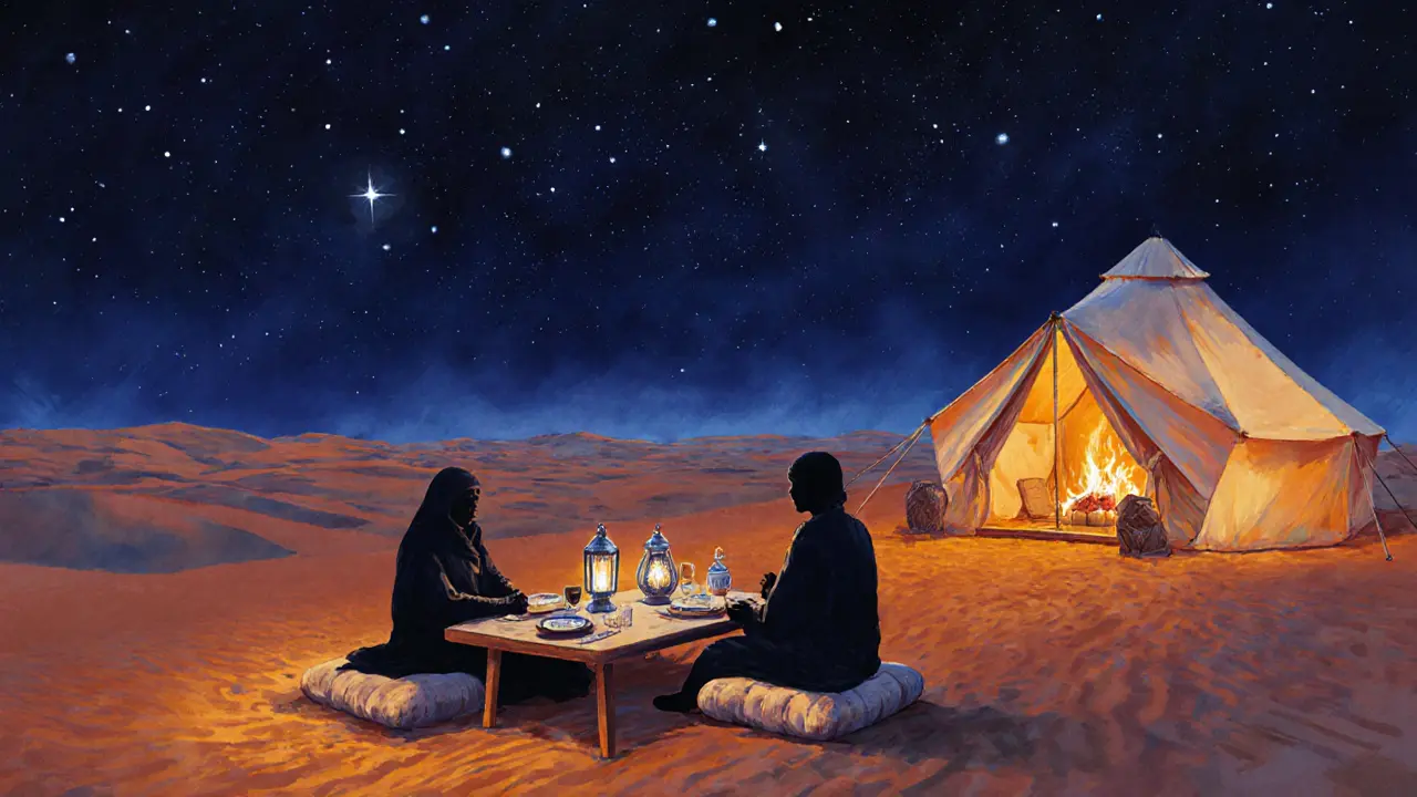 Private desert dinner under starry skies in Dubai, lanterns and traditional table setting among dunes.