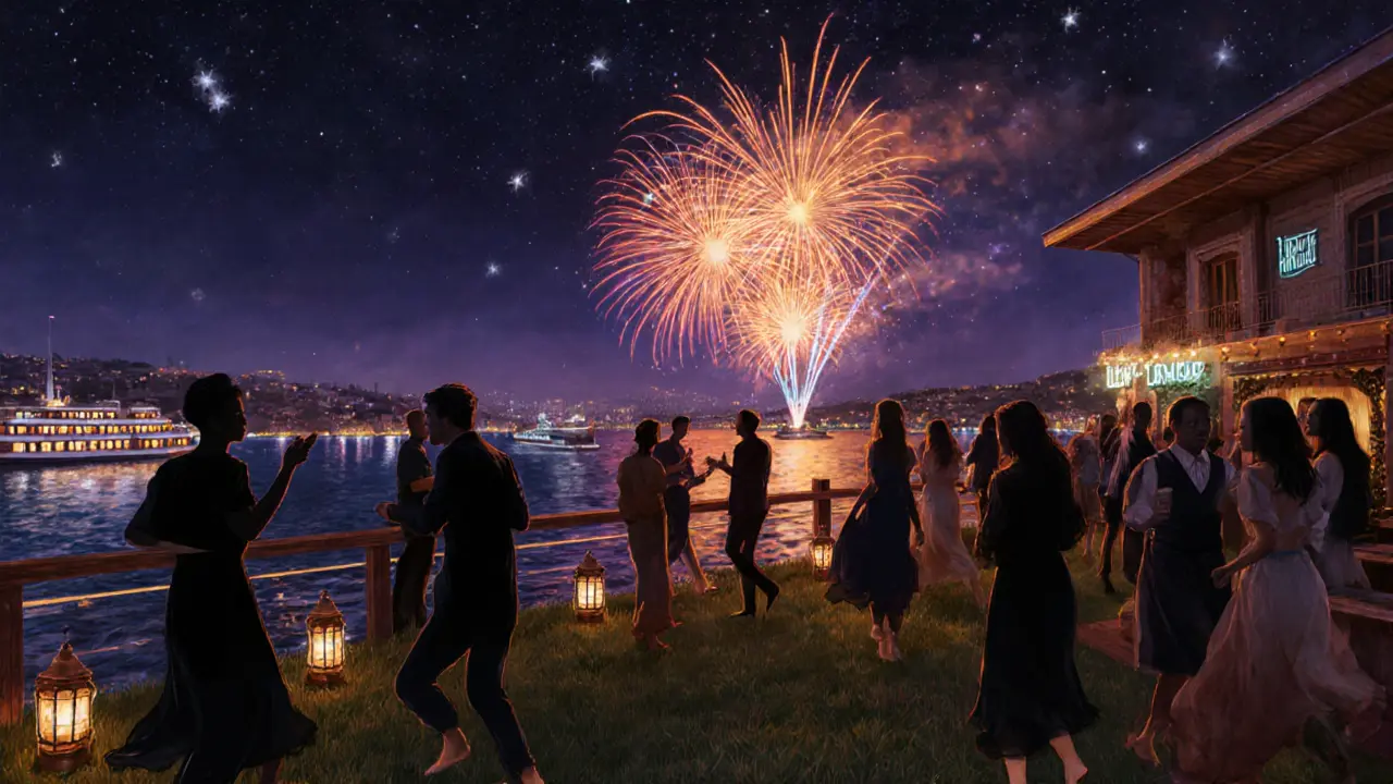 Reina&#039;s rooftop terrace under fireworks, dancers on grass with Golden Horn lights below.