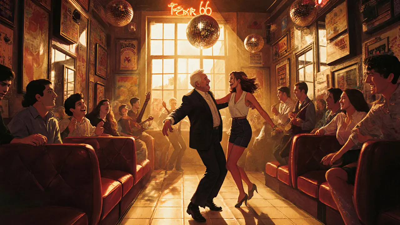 Retro nightclub Bar 66 where an elderly man dances with a young tourist under neon lights and disco balls.