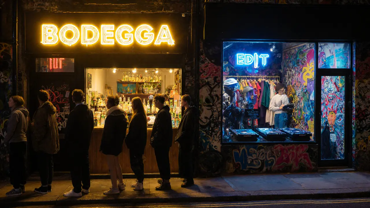 Shoreditch at midnight: crowd outside Bodega, live music from a concept store, neon and graffiti lit by night.