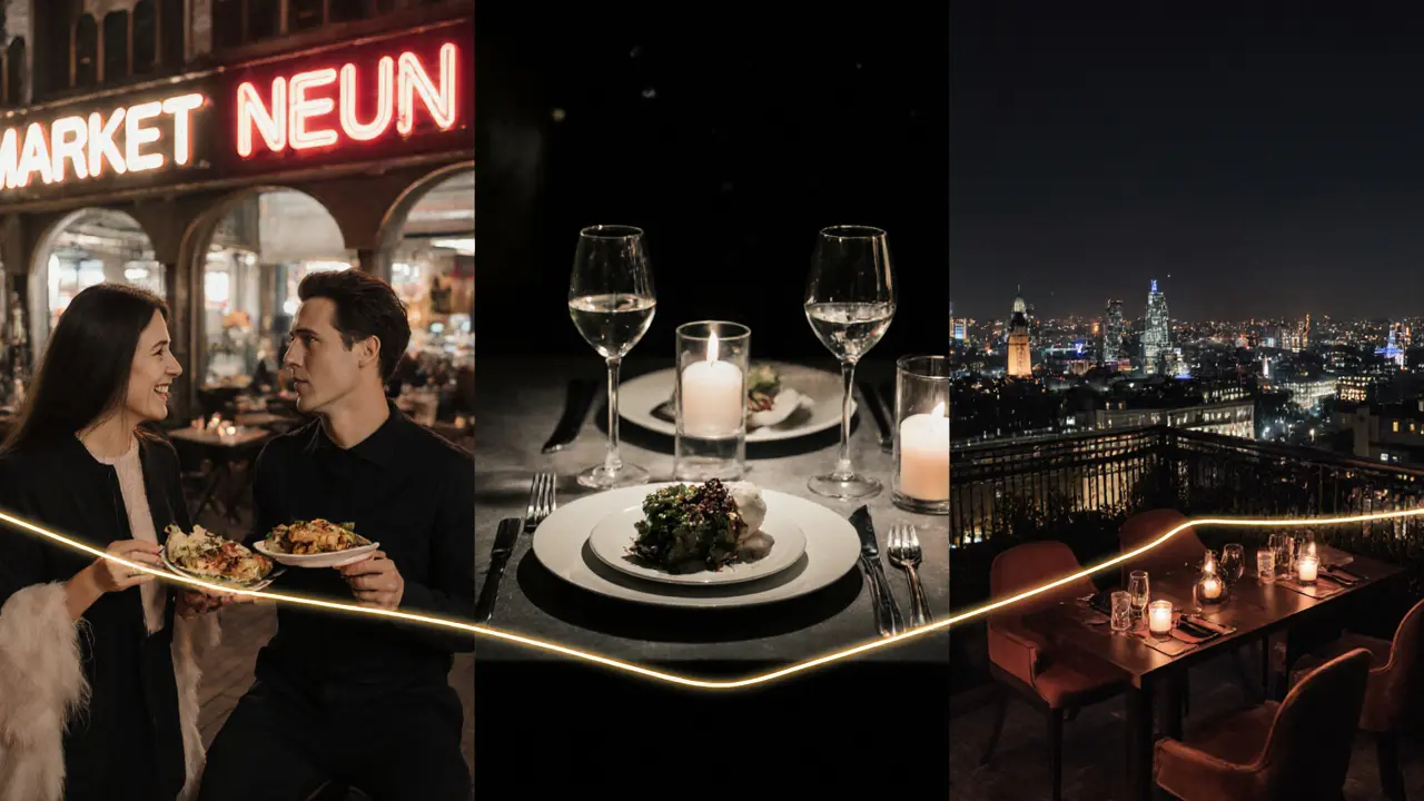 Three scenes of Berlin date experiences: street food, fine dining, and rooftop views, symbolizing connection.