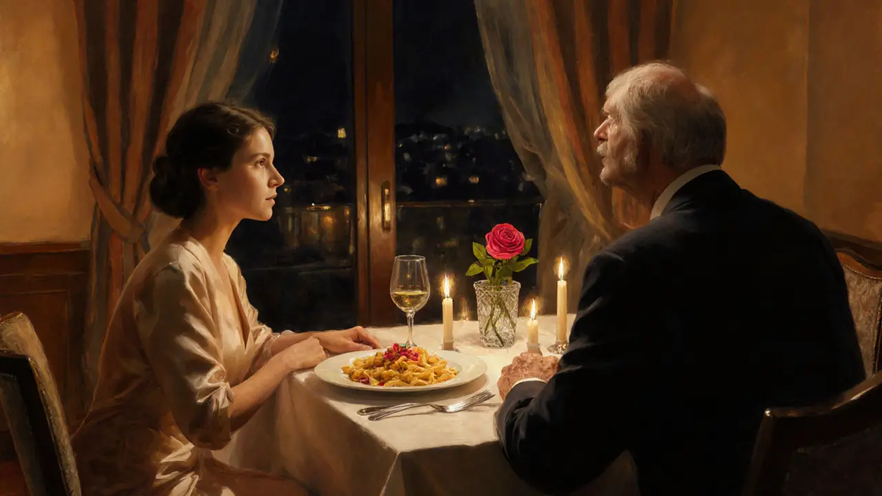Two figures share a quiet dinner in a hotel suite, candlelight glowing, no physical contact, only presence.