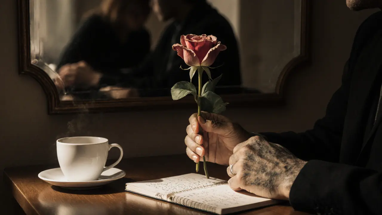 Two hands holding a single rose on a wooden table, with a blurred reflection of silent companions nearby.