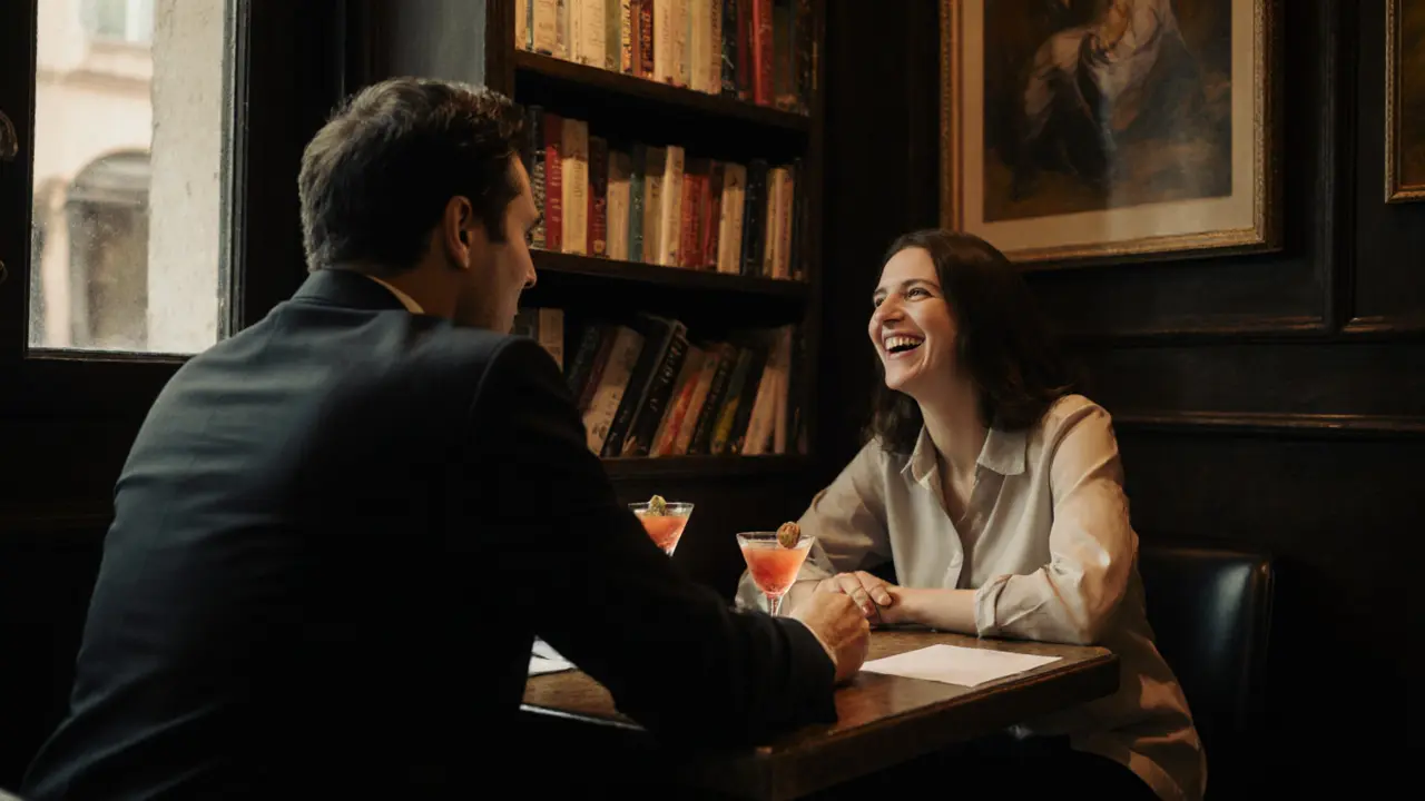 Two people laughing in a cozy Brera café over drinks, warm ambient lighting.