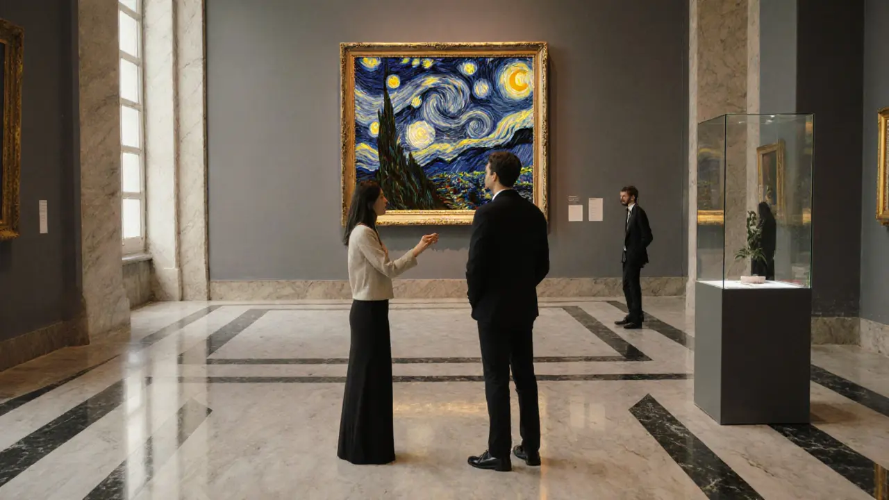 Two people stand alone before Van Gogh&#039;s Starry Night in the empty Musée d’Orsay at sunrise.