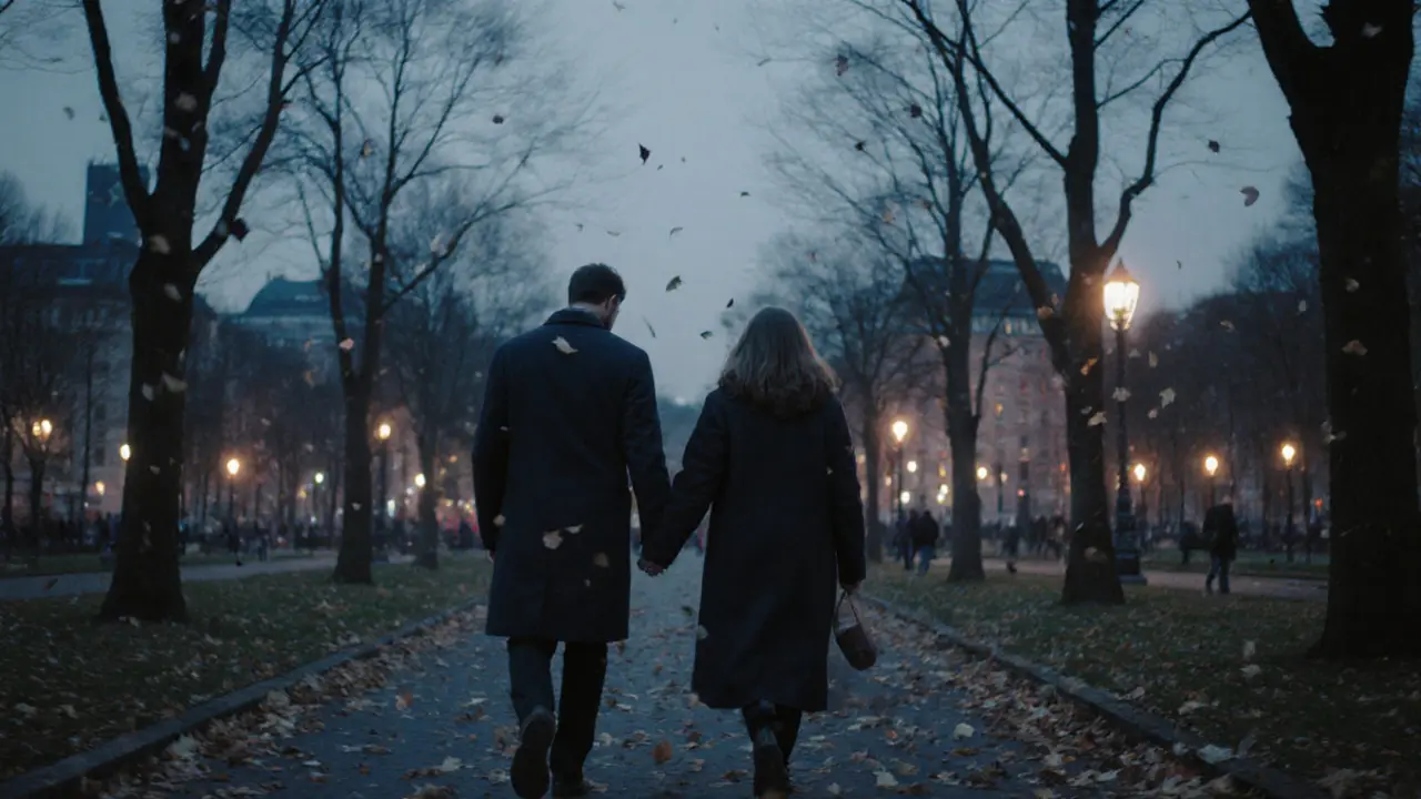 Two people walking peacefully through Tiergarten park at twilight, leaves falling around them.