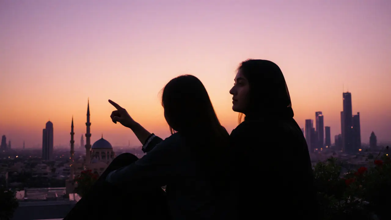 Two people watching the Abu Dhabi sunset from a rooftop garden, silhouetted against a colorful sky.
