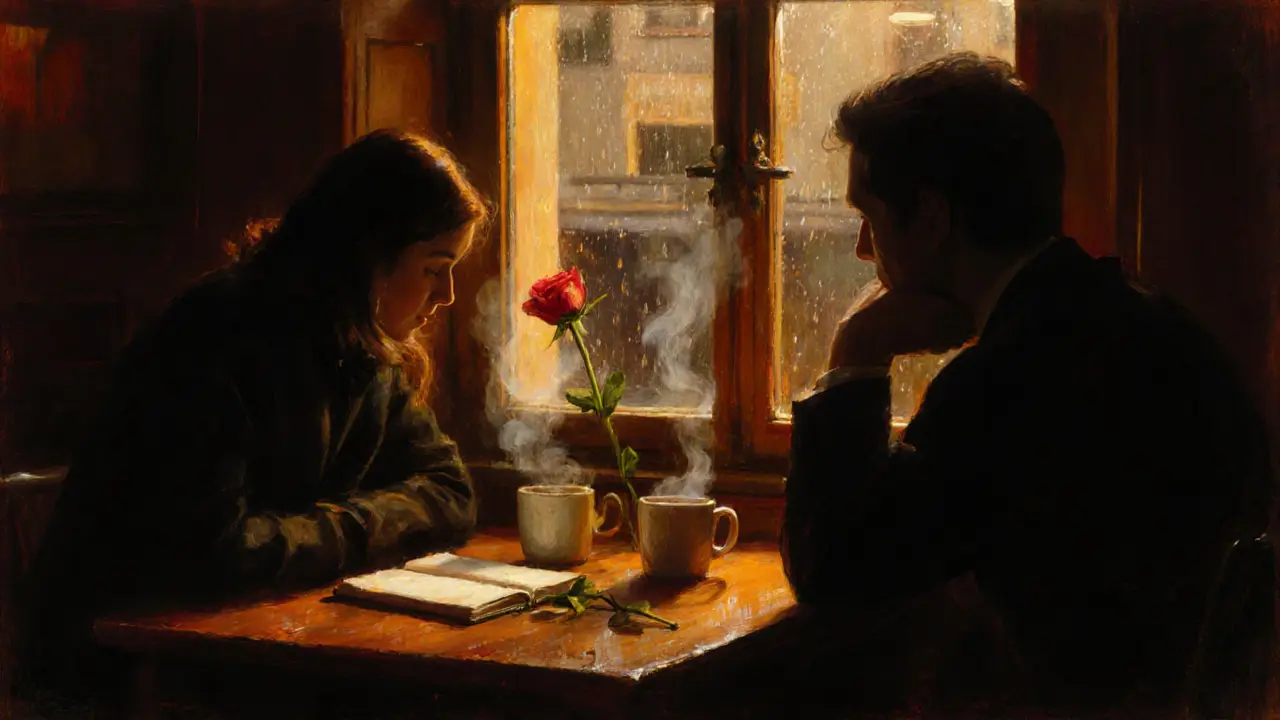 Two silhouettes sit in a cozy London café at 3 a.m., steam rising from mugs beside a rose and open notebook.