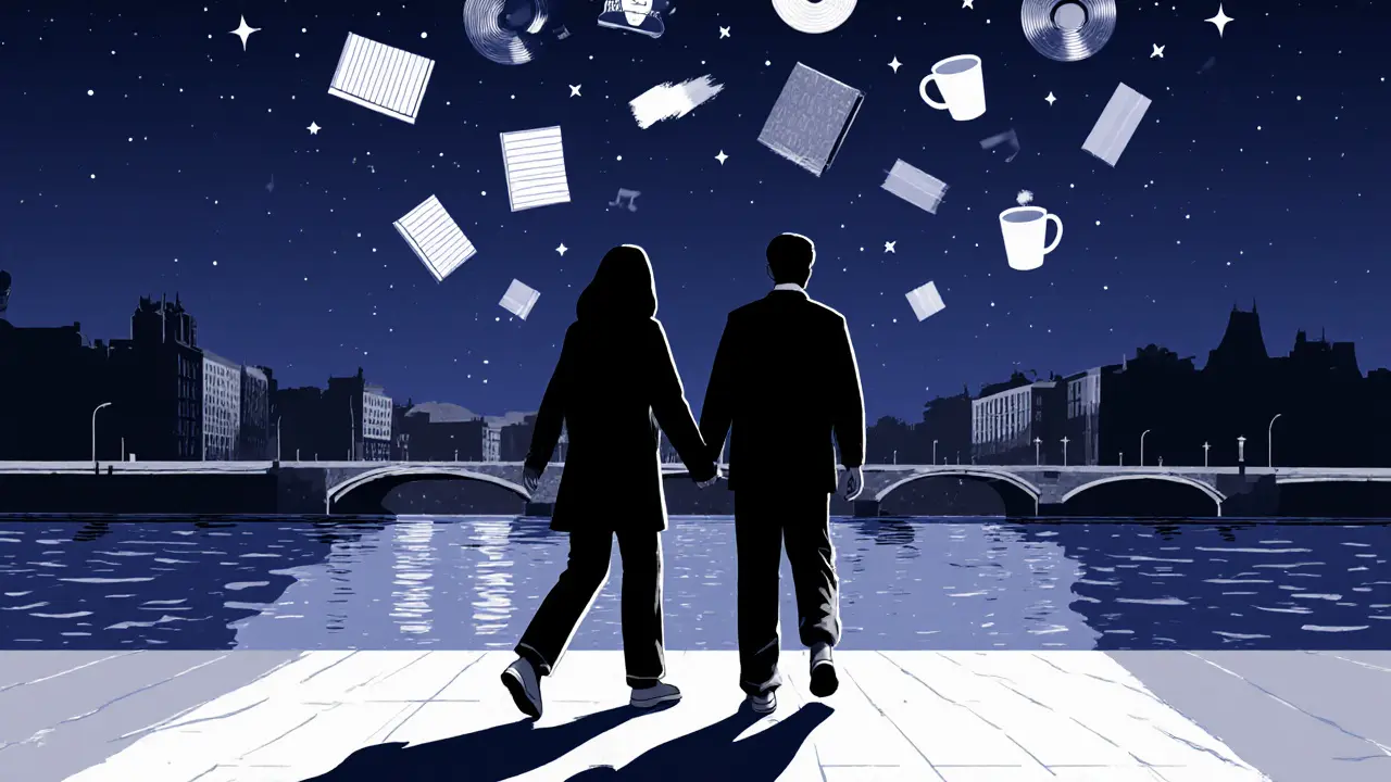 Two silhouettes walking along the Spree River at night, surrounded by floating symbols of shared interests like books and music.