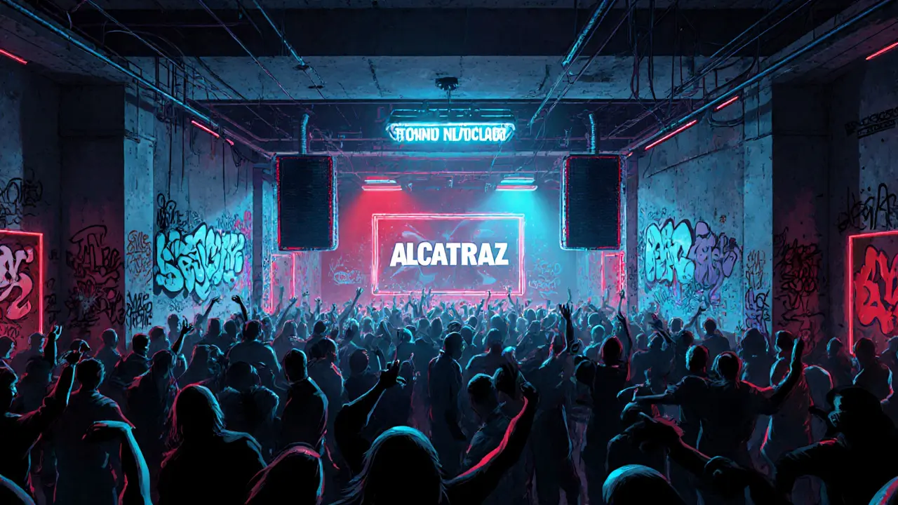 Underground crowd dancing to techno beats in Alcatraz nightclub’s basement.