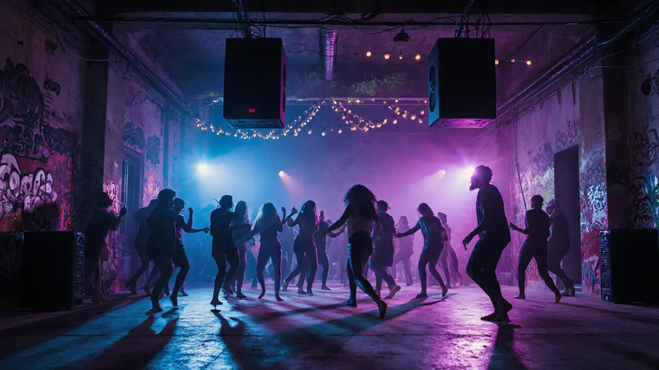 Underground techno club in Isola with dancers under pulsing neon lights in an industrial warehouse.