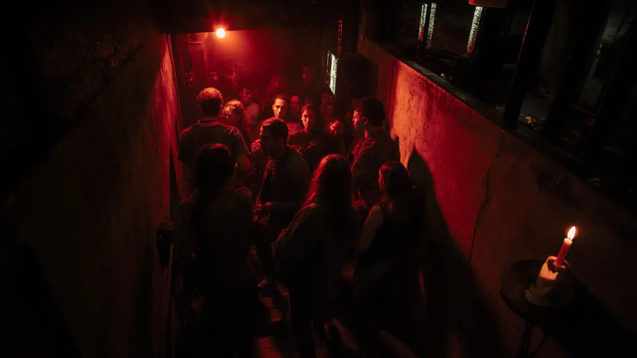 Underground techno club Kasa with red strobe lights and a dense crowd dancing in near darkness.