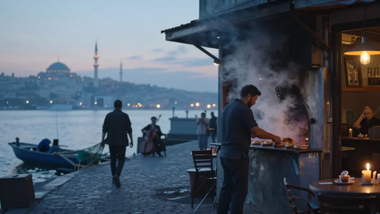 A baker pulls fresh simit from an oven as dawn breaks over a quiet Istanbul street.