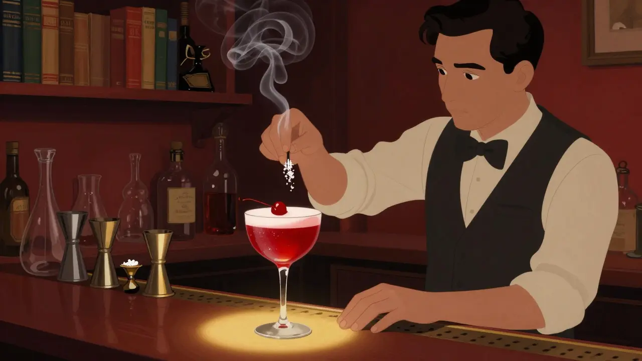 A bartender crafting a cherry-based cocktail in a cozy, dimly lit Brera bar.