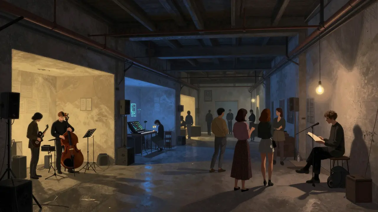 A converted warehouse at night with live music, glowing rooms, and a diverse crowd of locals.