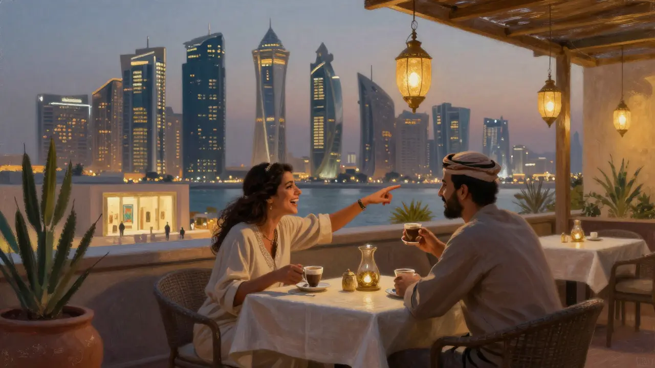 A couple enjoying Arabic coffee on a rooftop terrace with Abu Dhabi’s skyline in the background.