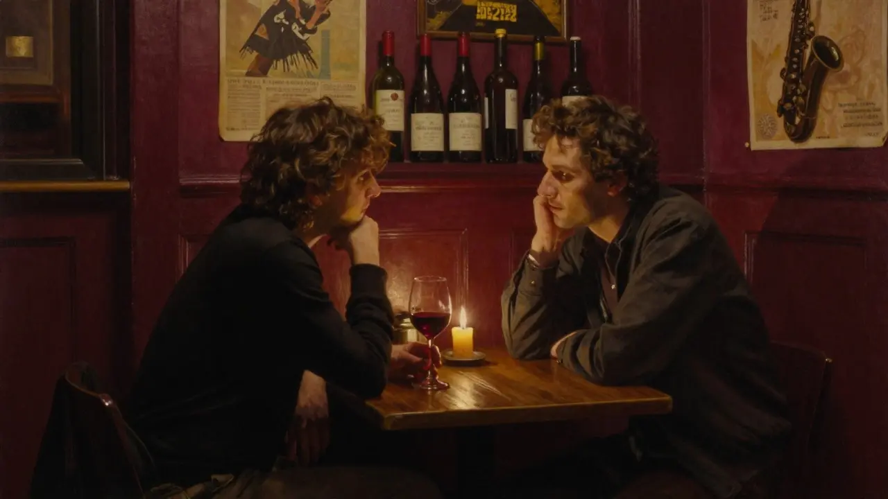 A couple enjoying quiet conversation in a cozy basement jazz bar with candlelight and vintage decor.