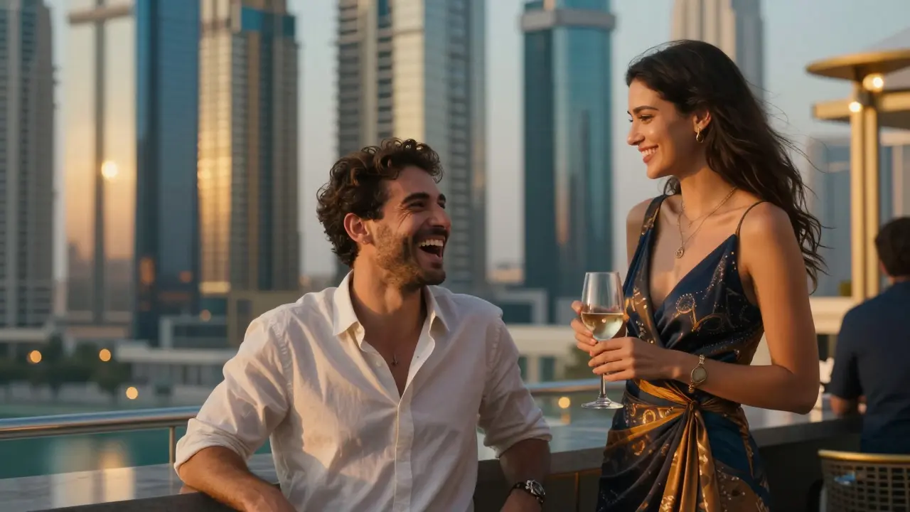 A couple laughing at a rooftop bar in Dubai, enjoying wine with the city lights glowing behind them.