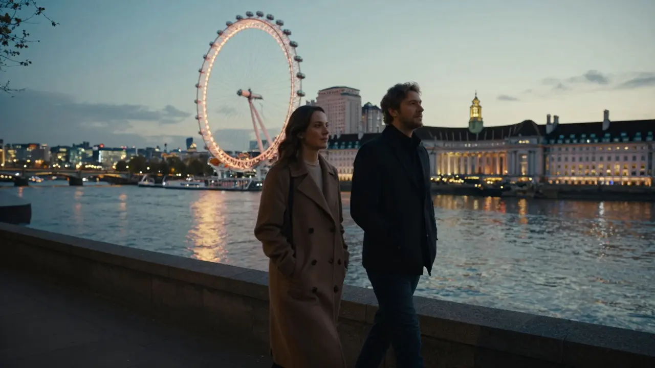 A couple walking along the Thames at dusk, the London Eye glowing in the distance.