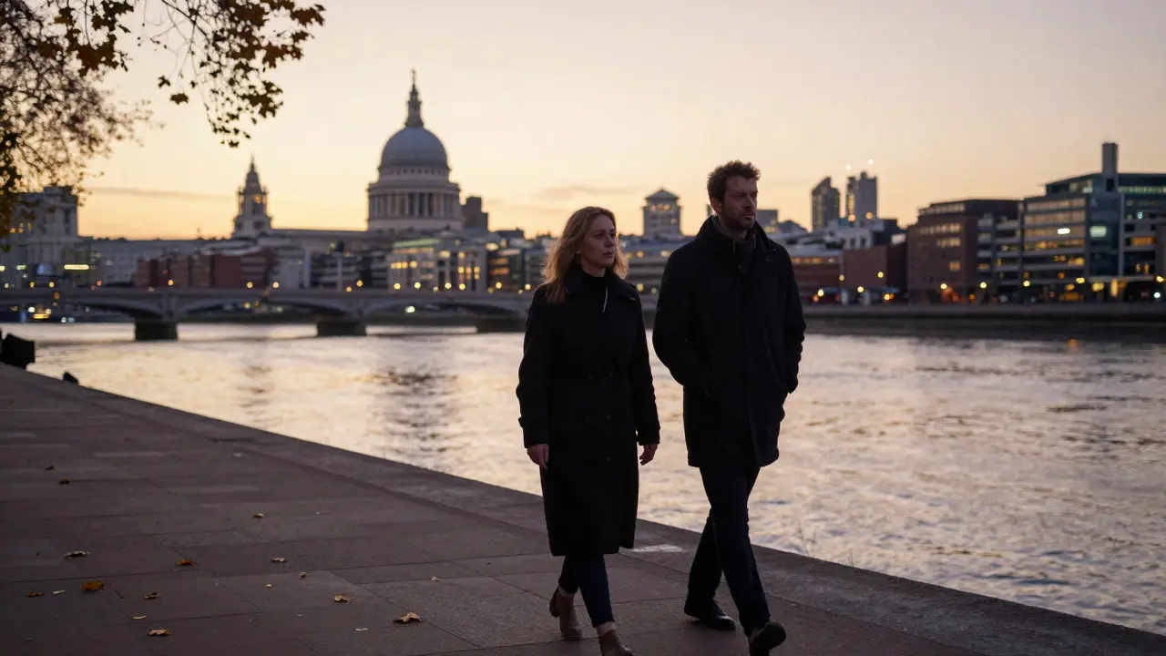 A couple walking along the Thames at sunset, city lights glowing, autumn leaves on the path.