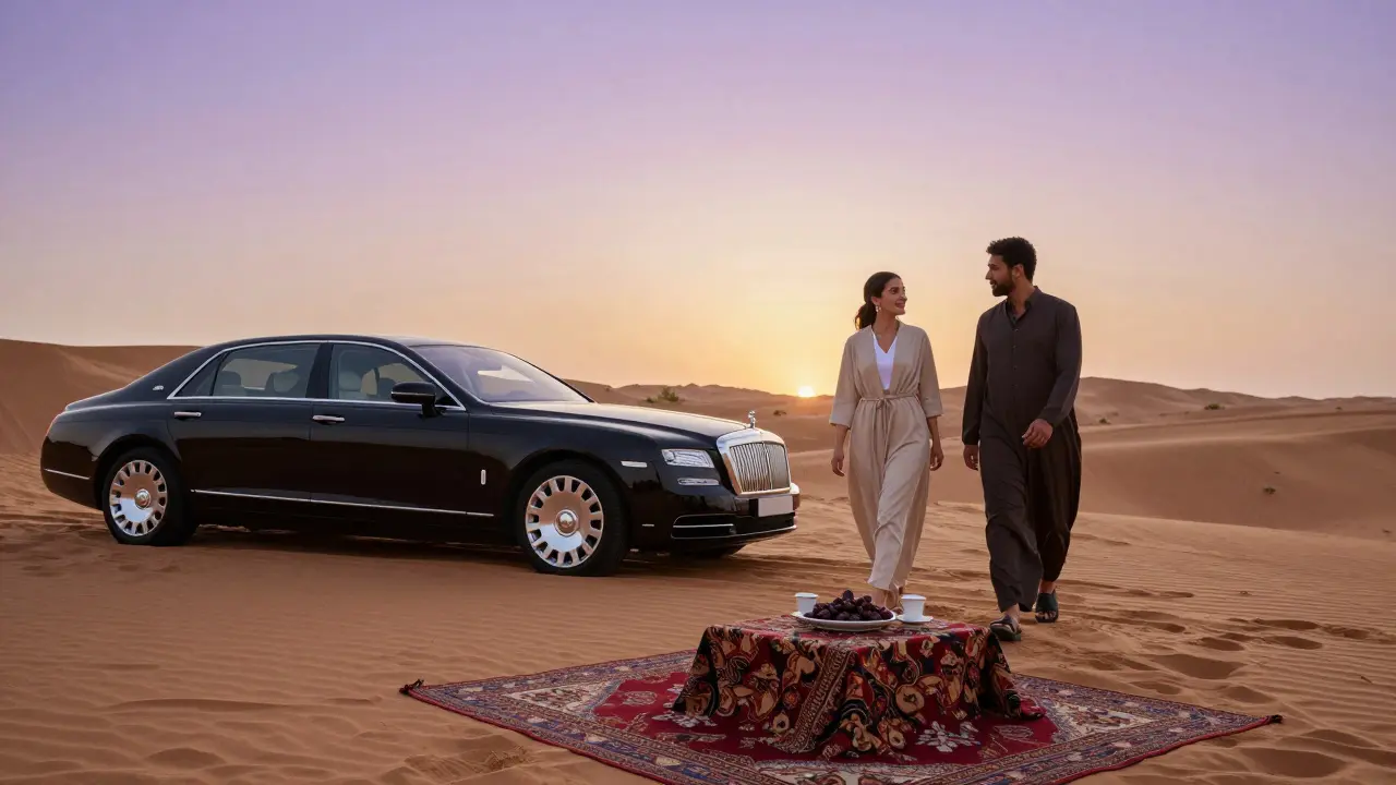 A couple walking peacefully across desert dunes at sunset, accompanied by a low table with traditional coffee service.