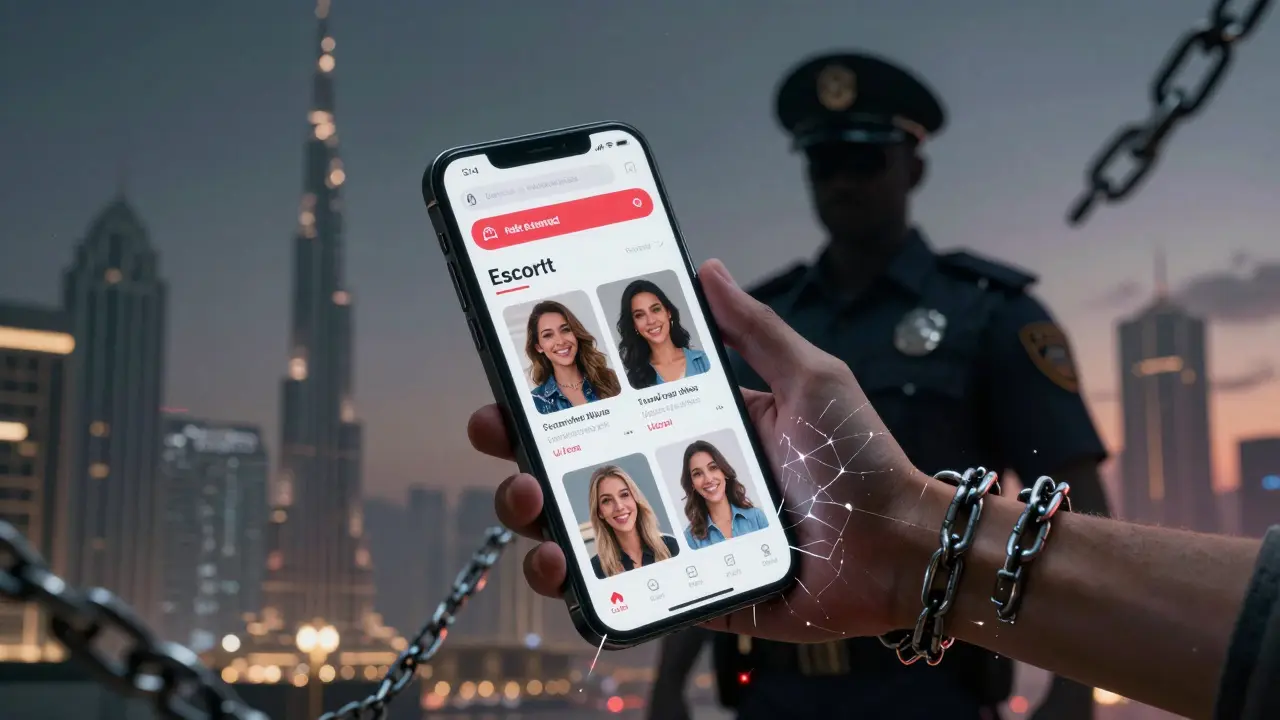 A cracked smartphone showing fake escort ads, with digital chains binding a man&#039;s wrist as police loom behind.