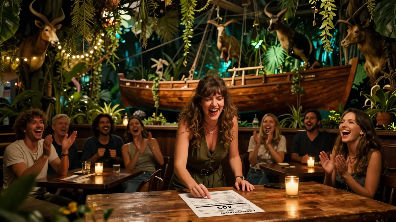 A French comic slamming a bureaucracy form on a table in a jungle-themed bar full of laughter.