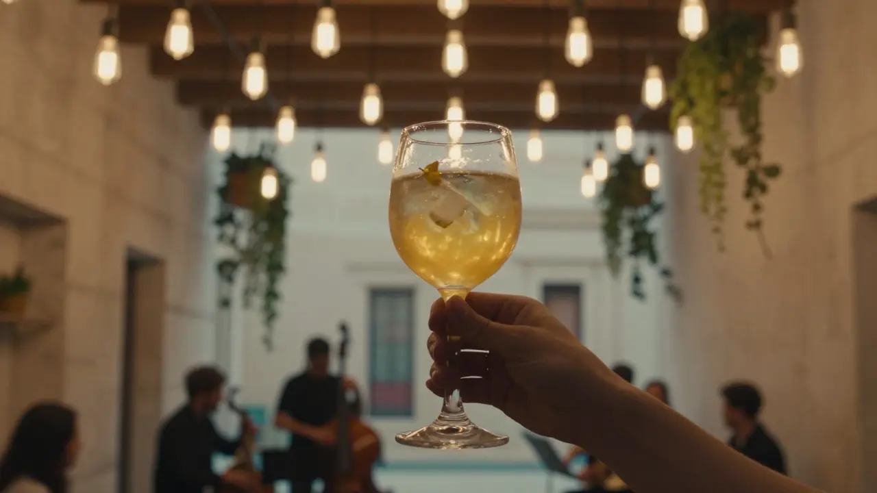 A glowing glass of cocktail reflecting warm Edison bulbs in a quiet artsy bar.