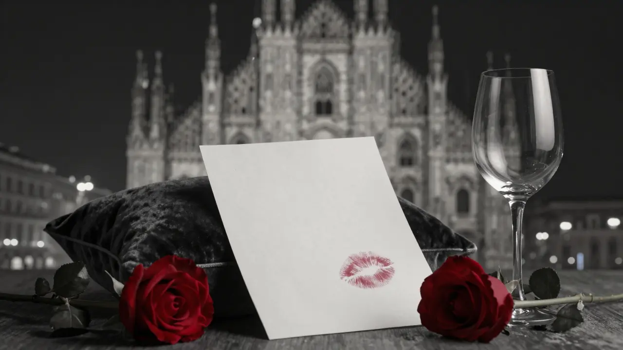 A handwritten note and rose on velvet beside an open wine glass, symbolizing a private moment.