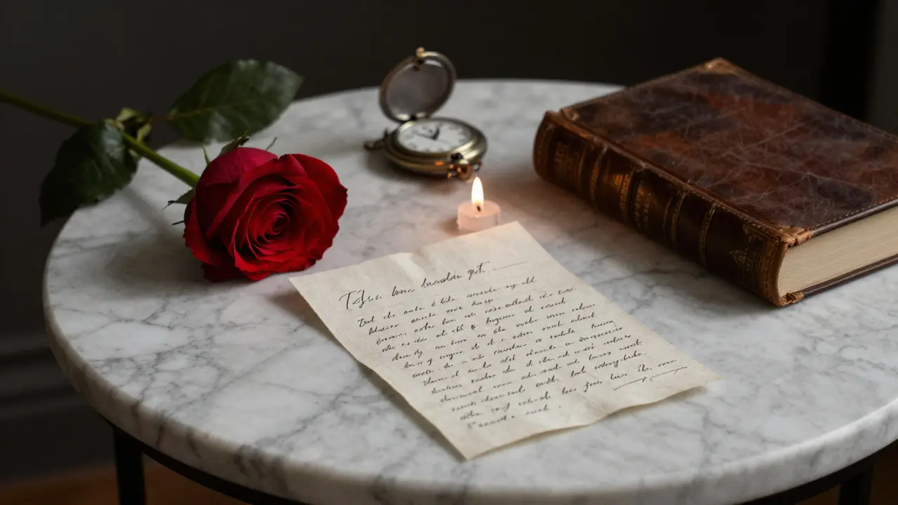 A handwritten note, rose, and pocket watch rest on a marble table in an empty room.