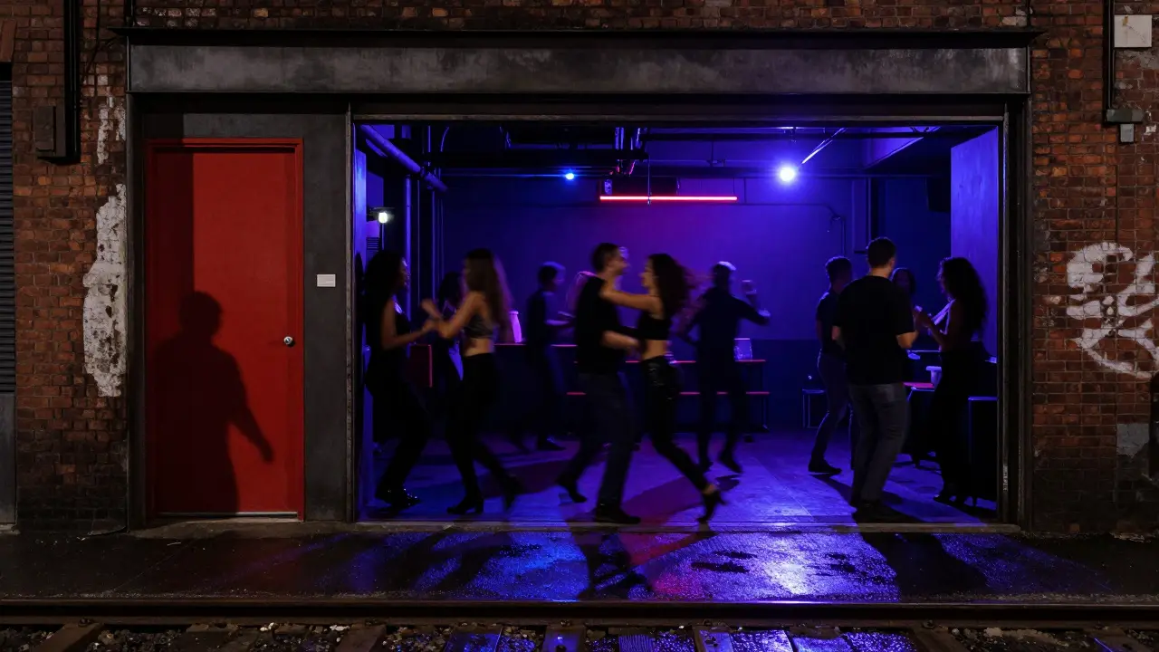 A hidden club entrance under train tracks with silhouettes of dancers and neon reflections.