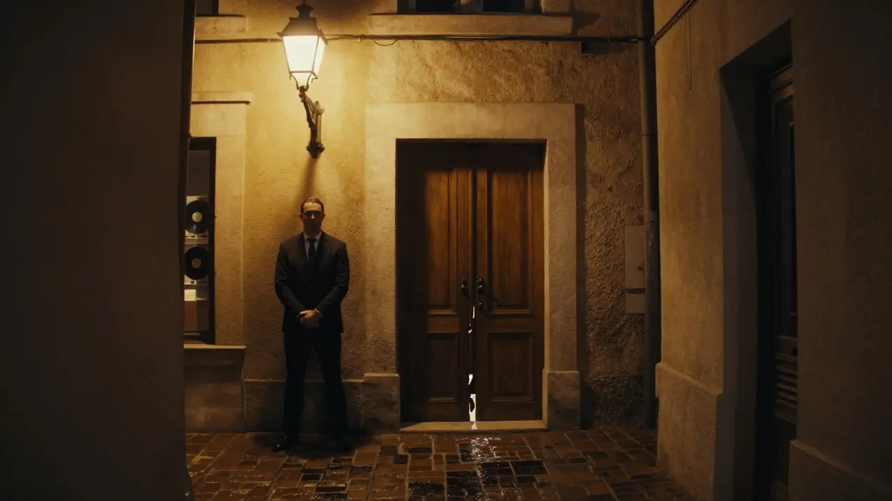 A hidden door in a narrow alley with warm light spilling from inside, a bouncer standing silently in the shadows.
