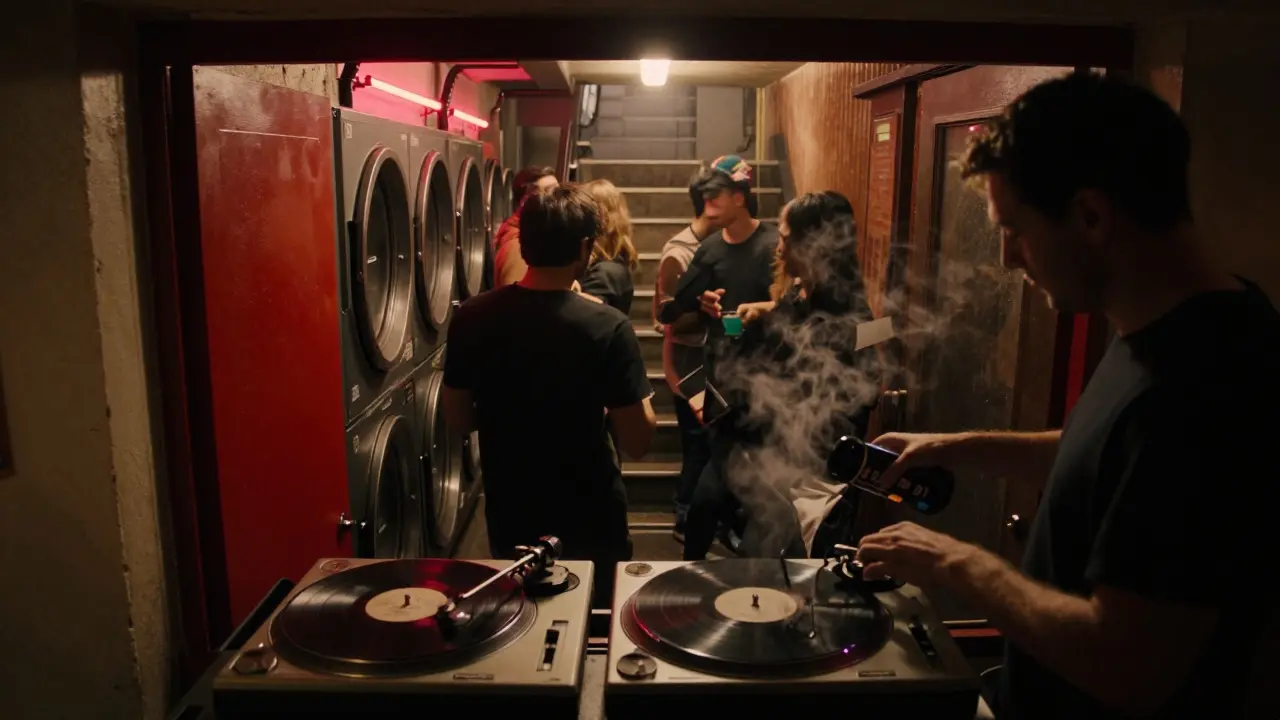 A hidden staircase leading down to a small basement club packed with dancers under warm light.