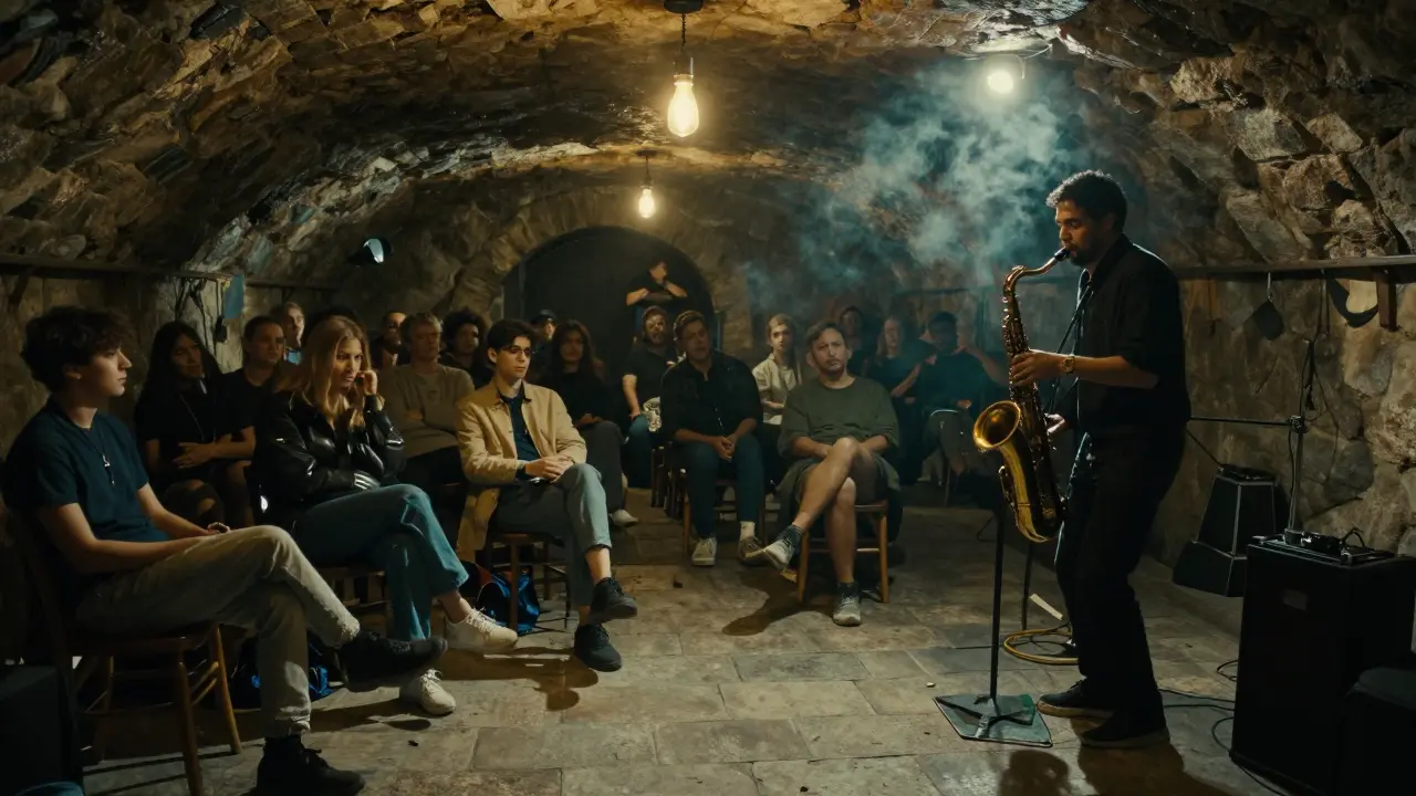 A jazz cellar with a saxophonist playing as a quiet crowd listens in dim, moody light.