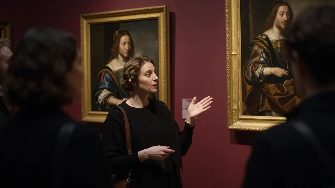 A knowledgeable woman and client examining a painting at a private gallery opening in Charlottenburg.