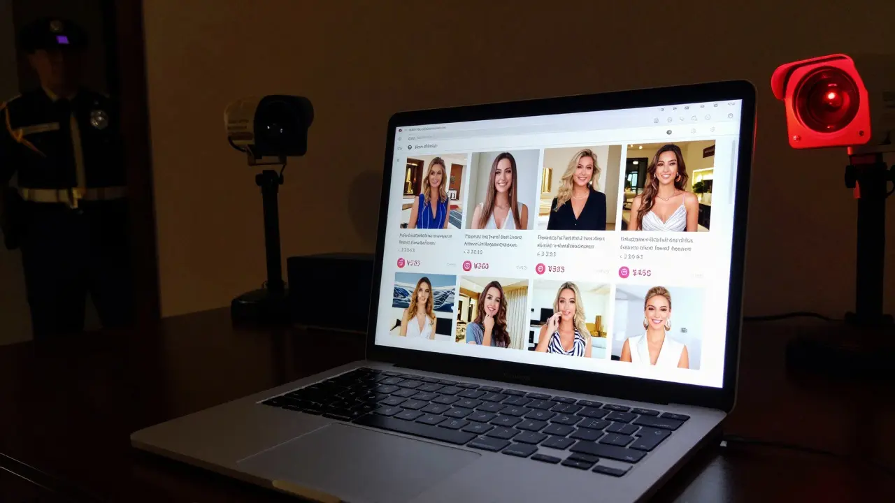 A laptop shows fake escort ads on Instagram, with police cameras visible in the corner of a hotel room.