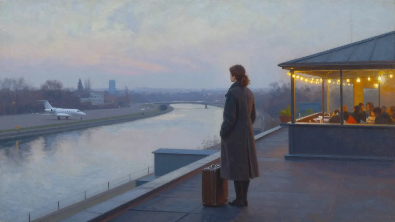 A lone escort stands alone on a Berlin rooftop at dawn, suitcase beside her, overlooking the city and distant airport.