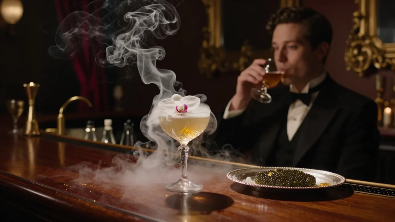 A luxurious cocktail with smoke and orchid, illuminated in dim light at Monaco&#039;s Le Bar de la Reserve.